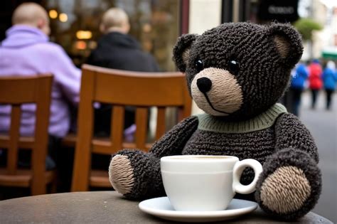 Premium Photo Teddy Bear Drinking Tea At A Cafe Table Generative Ai