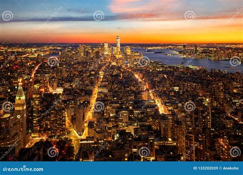 Top View Of New York City In Sunset Time With Building Of City A Stock