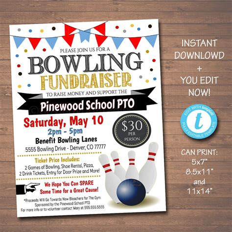 Editable Bowling Fundraiser Flyer Printable Pta Pto Flyer School Chu