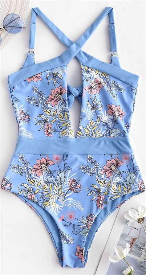 Cross Cutout Plant Print One Piece Swimsuit Cute Swimsuits Cute