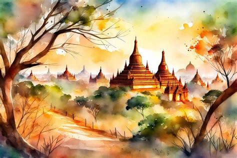 Premium Photo | Bagan temples in Bagan Myanmar painted with watercolors