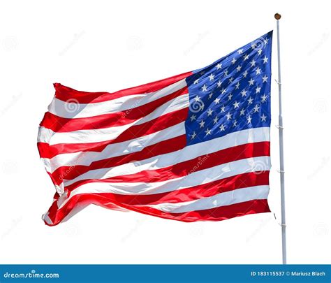 American Flag Waving In The Wind Isolated On White Background Stock