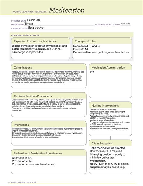 Timolol Drug Card Active Learning Templates Medication Student Name