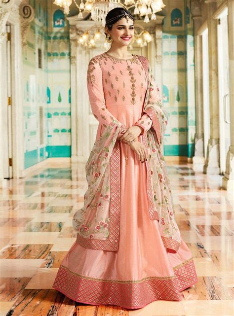 Prachi Desai Peach Party Wear Anarkali Suit Liinara Silk Anarkali