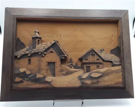 ANCIEN TABLEAU BOIS Sculpte Deco Relief Chalet Chapelle Montagne