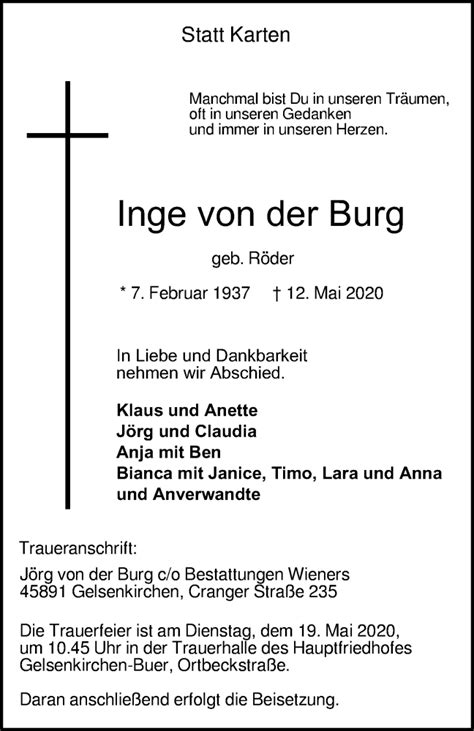 Traueranzeigen Von Inge Von Der Burg Trauer In NRW De