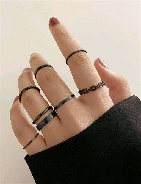 Rings Set Black Stackable 7 Etsy Canada Emo Jewelry Fashion