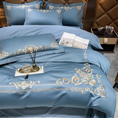 Luxury Blue Gold Baroque Europe Embroidery Duvet Cover Set Cotton Bed