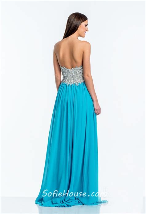 A Line Strapless Turquoise Chiffon Sequin Beaded Long Evening Prom Dress