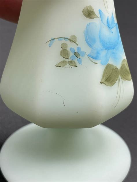 Vintage Fenton Blue Satin Glass Hand Painted Bud Vase 8 Etsy