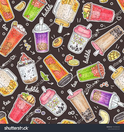 Bubble Tea Seamless Pattern Hand Drawn Sweet Drinks With Different