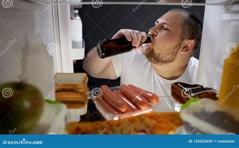 Fat Man Drinking Beer with Pleasure from Fridge at Night, Unhealthy ...