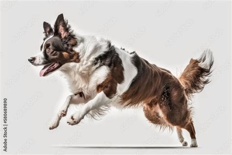 Dog run side view isolated. Border collie brown and white jump ...