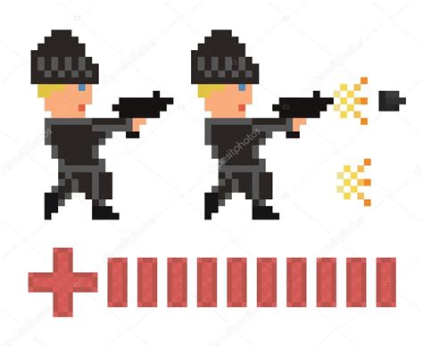 Pixel art set de bandit en vêtements noirs et chapeau pistolet de tir a