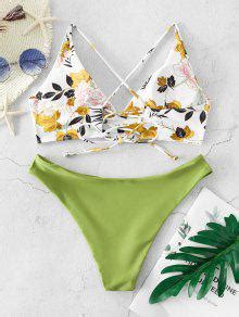 52 OFF 2020 ZAFUL Flower Leaf Criss Cross Lace Up Bikini Swimsuit In LIGHT GREEN ZAFUL