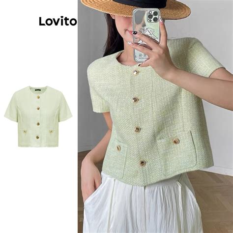 Lovito Blusa Frontal Elegante O De Bolso Liso Para Mulheres