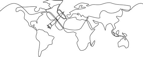 Continuous one line drawing World Travel Map and air plane. World traveler Concept. Single line ...