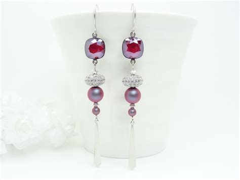 Boucles D Oreilles Cabochon Cristal Swarovski Dark Red Strass