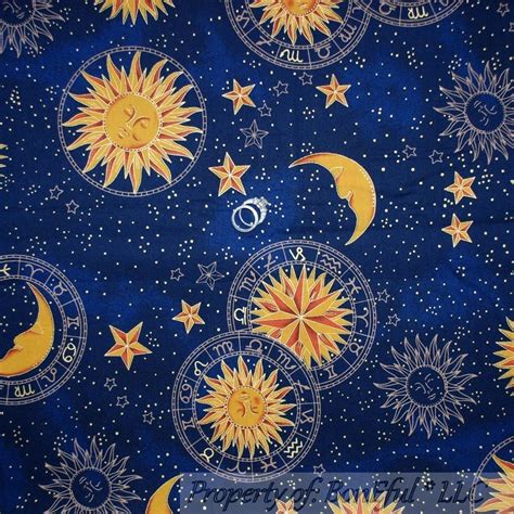 Boneful Fabric Fq Cotton Quilt Navy Blue Gold Vtg Celestial Moon Star