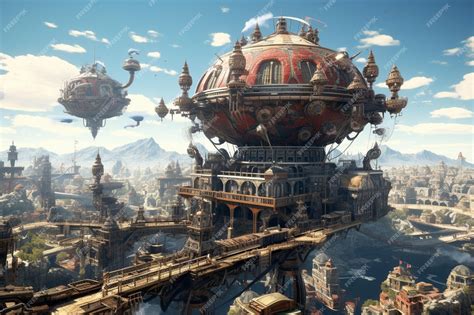 Premium Photo | Steampunk city scene with gears airships and a ...