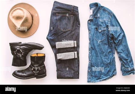 Mens fashion outfit grid. Simple white background. Denim jeans, denim ...