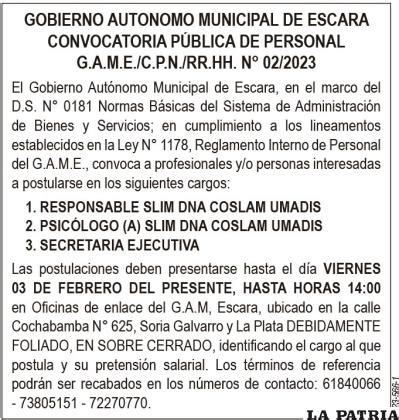 Gobierno Autonomo Municipal De Escara Convocatoria P Blica De Personal