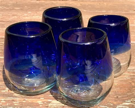 Cobalt Blue Stemless Wine Glasses Artisan Verre Recyclé Etsy