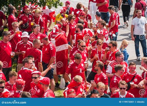 The 2018 Fifa World Cup Crowd Of Danish Fans In Red T Shirts Drink