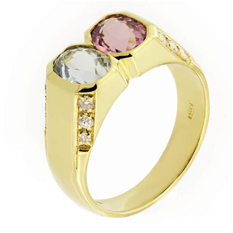 Anello In Oro Giallo Con Tormalina Rosa Ct Acquamarina Ct E