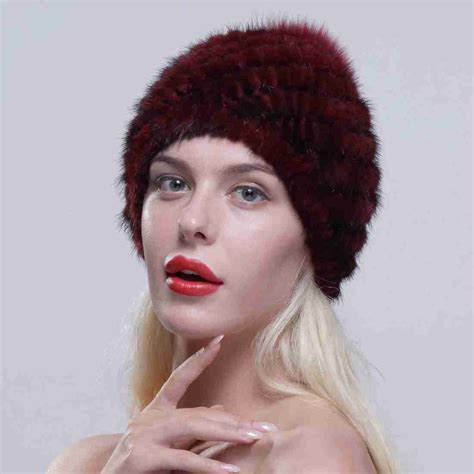 Women Mink Fur Knit Beanie Hat With Fox Pom Pom Multicolor For Winter