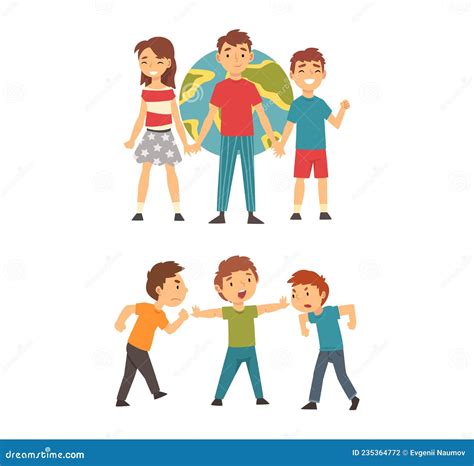 Kind and Fair Little Boy and Girl Holding Hands Aroud Globe Protecting