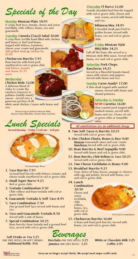 Los Arcos Mexican Restaurant Specials Menu Westminster