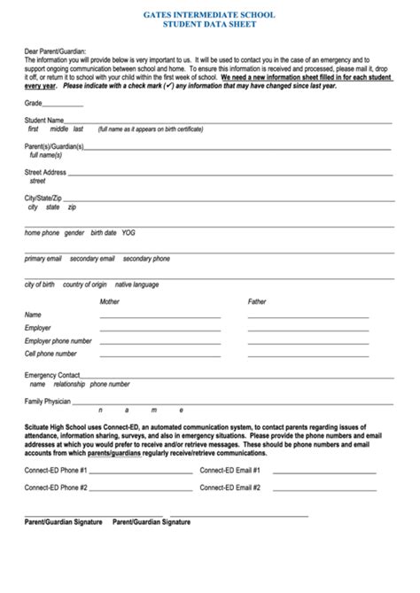 student data sheet printable
