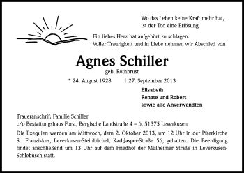 Traueranzeigen Von Agnes Schiller Wirtrauern