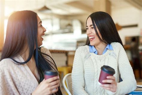 Women, Students and Talking in Cafe with Coffee for Study Break and Laugh Together for Comedy ...