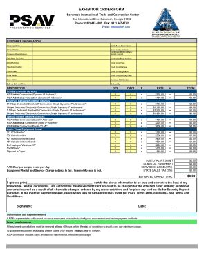 Fillable Online PSAV Exhibitor Order Form SITCC Xlsx Southern Shows