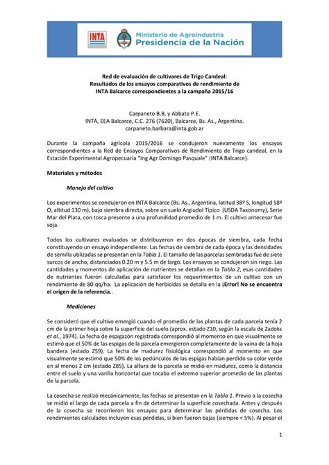 Pdf Red De Evaluaci N De Cultivares De Trigo Candeal Resultados De