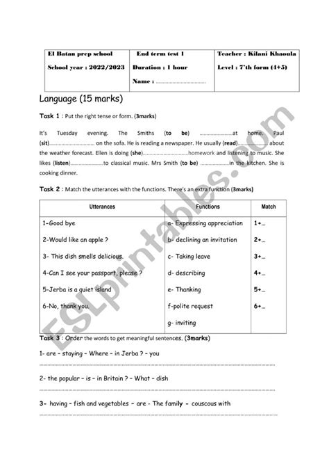 Th Form End Term Test Esl Worksheet By Aziz Becha