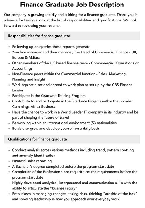 Finance Graduate Job Description | Velvet Jobs