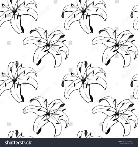 Handdraw Monochrom Seamless Pattern Lily Flowers Stock Illustration