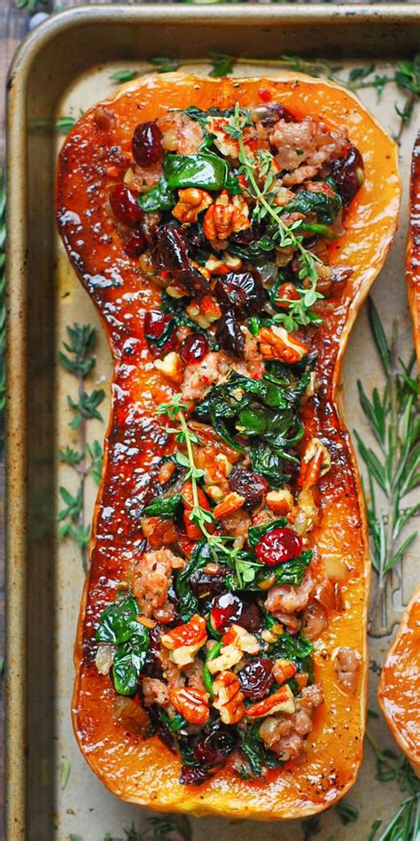 Sausage Stuffed Butternut Squash With Spinach Pecans And Cranberries