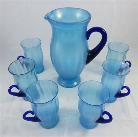 Rare Vintage Fenton Celeste Blue Stretch Glass Water Set Cobalt Pitcher