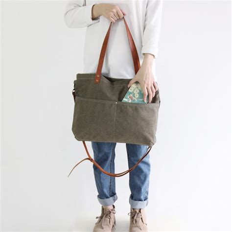 Washed Canvas with Leather Women Tote Bag, Shoulder Bag, Diaper Bag, Handbag 14022 ...