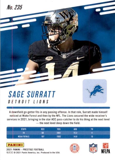 2021 Panini Prestige Sage Surratt RC Detroit Lions 235 EBay