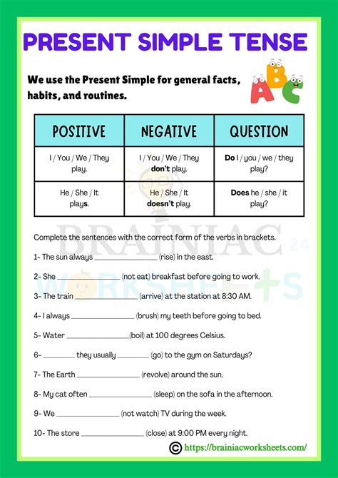 Simple Present Tense Class 4 English Worksheet - Brainiac Worksheets