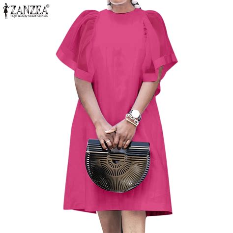 Zanzea Women Vintage Daily O Neck Short Sleeves Ruffle Sleeves Plain