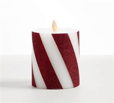 Open Box Premium Flickering Flameless Wax Pillar Candles Candy Stripe Pottery Barn