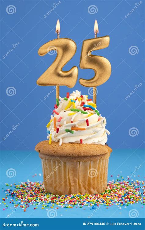 Birthday Cake with Candle Number 25 - Blue Background Stock Photo ...