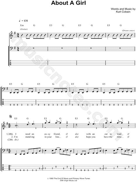 Nirvana About A Girl Bass Tab In E Minor Download And Print Sku