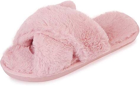 Pink Cross Slippers Fuzzy Fluffy Faux Fur House Spa Cute Open Toe